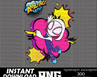 May include: A cartoon illustration of a white and pink superhero with a spider design on their suit. The superhero is flying through the air with a pink and purple cloud behind them. The image has a comic book style with yellow lightning bolts and stars. The text "Amazing!" is in a speech bubble.