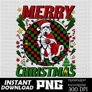 以下が含まれることがあります： サンタ帽とマントを着たストームトルーパーがプレゼントを持っているお祝いのデジタルデザイン。「MERRY CHRISTMAS」の文字は赤と緑で、ホリデーデコレーションに囲まれています。デザインには「INSTANT DOWNLOAD PNG」の文字が含まれています。