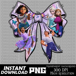 May include: A digital PNG file featuring characters from the movies Encanto and Frozen, arranged within a large, light purple bow. The image includes the text "INSTANT DOWNLOAD PNG" and "TRANSPARENT BACKGROUND 300 DPI HIGH RESOLUTION".