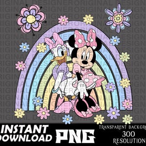 May include: A digital illustration of Minnie Mouse and Daisy Duck standing in front of a rainbow. Minnie Mouse is wearing a red and white polka dot dress and a red bow. Daisy Duck is wearing a light blue dress with a yellow bow. Both characters are smiling.