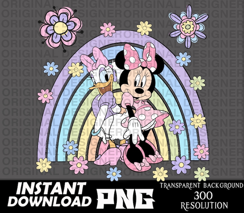May include: A digital illustration of Minnie Mouse and Daisy Duck standing in front of a rainbow. Minnie Mouse is wearing a red and white polka dot dress and a red bow. Daisy Duck is wearing a light blue dress with a yellow bow. Both characters are smiling.