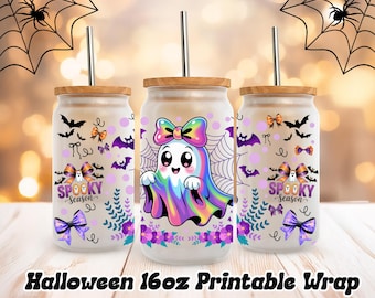 16oz Halloween png, Iridescent Ghost PNG, Coquette Iridescent Halloween bow png, Halloween 16oz sublimation, Libbey Glass png, Spooky Season