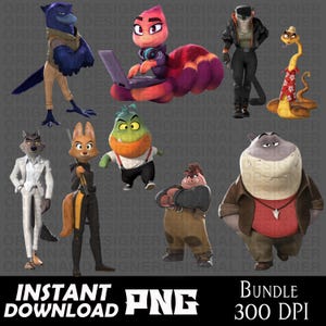 Op de afbeelding: Een digitale illustratie met personages uit de film "The Bad Guys". De personages zijn onder meer een wolf in een wit pak, een vos in een zwarte outfit, een piranha, een haai, een slang, een tarantula en een vogel. De tekst "INSTANT DOWNLOAD PNG BUNDLE 300 DPI" is inbegrepen.