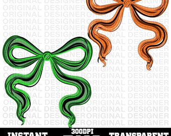 Retro Halloween Brushstroke bow png, vintage Fall bow PNG, Coquette bow Halloween colors png, green bow orange bow sublimation, Faux Glitter