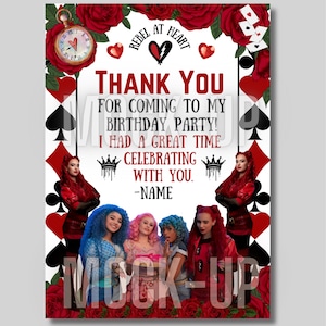 custom descendants red thank you card, descendant red party custom, rebel at heart birthday thank you png, personalized descendant birthday