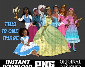 May include: Digital illustration of eight cartoon princesses, including Tiana, Cinderella, Ariel, Belle, Snow White, and Rapunzel. The princesses are all wearing their signature dresses and have their hair styled in their signature ways. The princesses are all smiling and looking at the viewer. The background is a solid gray color.