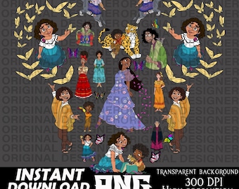 May include: A digital illustration of a group of characters from the animated film Encanto. The characters are arranged in a heart shape with butterflies flying around them. The characters include Mirabel, Bruno, Alma, Pepa, Dolores, Camilo, and Antonio. The background is a dark gray color.
