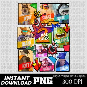 Könnte beinhalten: Eine digitale Grafik mit Charakteren aus dem Film "The Bad Guys". Das Bild enthält die Charaktere Wolf, Snake, Shark, Diane, Piranha, Kitty, Webs, Pigtail und Doom, mit Textbeschriftungen. Der Hintergrund ist transparent, und das Bild ist mit "Sofort-Download PNG 300 DPI" beschriftet.