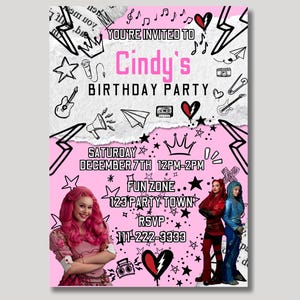 red descendant bridget custom birthday invitation, descendant red party custom, rebel at heart invitation, rise of red personalized birthday