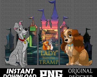 Op de afbeelding: Een digitale illustratie van Lady en de Vagebond, een Disney-film, met de personages Lady en de Vagebond die aan weerszijden van een kasteel silhouet zitten. De tekst "Lady en de Vagebond" staat onder het kasteel.