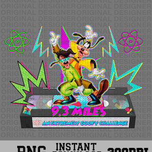Może przedstawiać: Grafika cyfrowa z Maksem i Goofym z serialu animowanego. Obraz zawiera tekst "9.3 MILES" i "AN EXTREMELY GOOFY CHALLENGE" na wzorze kasety VHS, ze słowami "PNG INSTANT DOWNLOAD 300DPI" na dole.