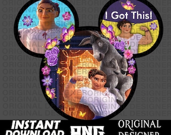 May include: A digital illustration of a Mickey Mouse head silhouette with three images inside. The left ear features a woman with brown hair and a white dress. The right ear features a man with brown hair and a white shirt with the text "I Got This!" The center of the image features a woman with brown hair and a white dress holding a donkey. The background is a purple, blue, and yellow color.