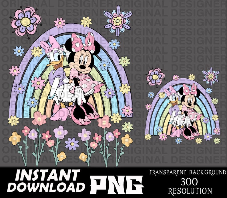 May include: A digital illustration of Minnie Mouse and Daisy Duck standing in front of a rainbow with pastel flowers scattered around them. The background is a dark gray color.
