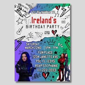 descendant mal and red custom birthday invitation, descendant red party custom, mal birthday invitation, personalized descendants birthday