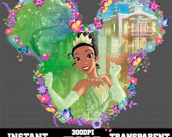 May include: A digital illustration of a princess in a green dress, framed by a floral and butterfly design. The background features a building with the text "Tiana's Palace". The image includes the text "INSTANT DOWNLOAD PNG TRANSPARENT BACKGROUND".