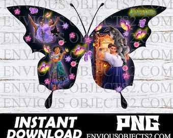May include: A black butterfly silhouette with a colorful image of characters from the Disney movie Encanto inside. The characters include Mirabel, Bruno, and the magical donkey. The butterfly has a purple, pink, and yellow floral pattern.