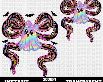 Halloween Brushstroke leopard print bow PNG, Iridescent Ghost, Coquette bow png, Halloween sublimation, Spooky Season bow PNG, Faux Glitter