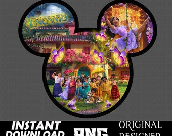 Puede incluir: Un gráfico digital colorido en forma de orejas de Mickey Mouse con personajes y escenas de la película "Encanto". La imagen incluye el texto "Encanto", "Isabela", "Descarga instantánea", "PNG" y "Diseñador original".