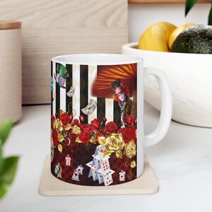 alice in wonderland, alice in wonderland 11oz mug, mad hatter mug, queen of hearts gifts, cheshire cat cup, red queen, hatter, white rabbit