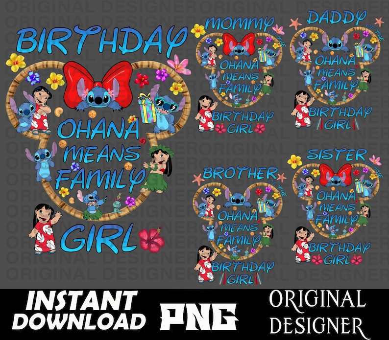 Puede incluir: Un dise&ntilde;o digital con un personaje azul de Stitch de la pel&iacute;cula de Disney Lilo & Stitch. El dise&ntilde;o incluye la frase "Ohana means family" y "Birthday Girl" en forma de oreja de Mickey Mouse. El dise&ntilde;o es perfecto para una fiesta de cumplea&ntilde;os o una celebraci&oacute;n.