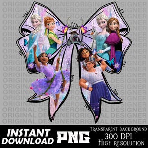 May include: A digital graphic featuring characters from animated films, arranged in a bow shape. The design includes characters like Elsa, Anna, and Mirabel, with butterflies and floral accents. The text "INSTANT DOWNLOAD PNG" is at the bottom.