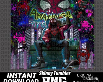 May include: A digital illustration of a superhero wearing a red and black suit, sitting on a graffiti-covered wall. The superhero is holding a boombox and has a spider symbol on their chest. The background is a cityscape with colorful paint splatters.