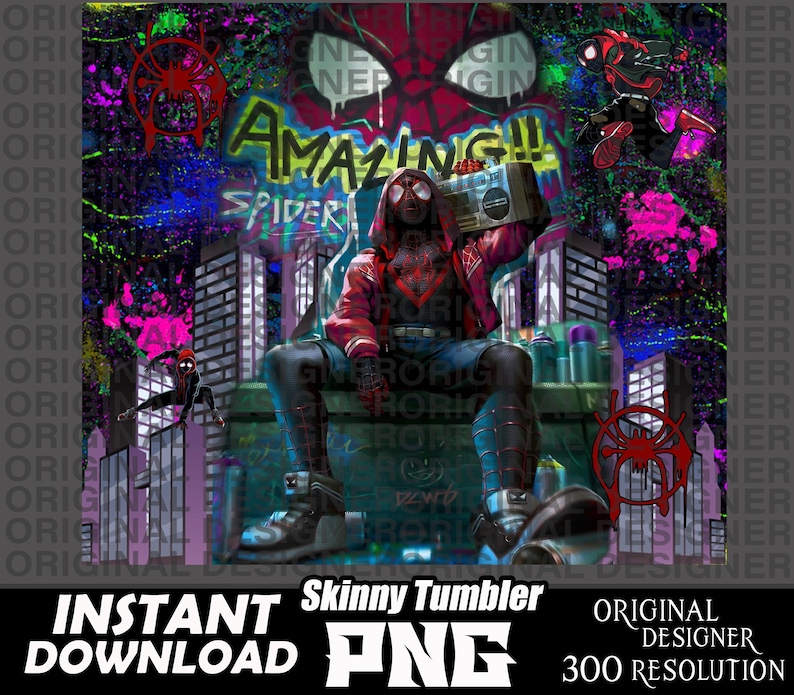 May include: A digital illustration of a superhero wearing a red and black suit, sitting on a graffiti-covered wall. The superhero is holding a boombox and has a spider symbol on their chest. The background is a cityscape with colorful paint splatters.