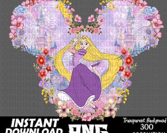 May include: A digital illustration of a princess with long blonde hair, wearing a purple dress, set against a castle backdrop. The design is framed by a floral arrangement in pink, red, and blue hues. Text at the bottom reads "INSTANT DOWNLOAD PNG".