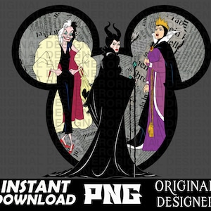 May include: A digital illustration of three Disney villains, Maleficent, the Evil Queen, and Cruella de Vil, in a Mickey Mouse silhouette. The background is a newspaper print.