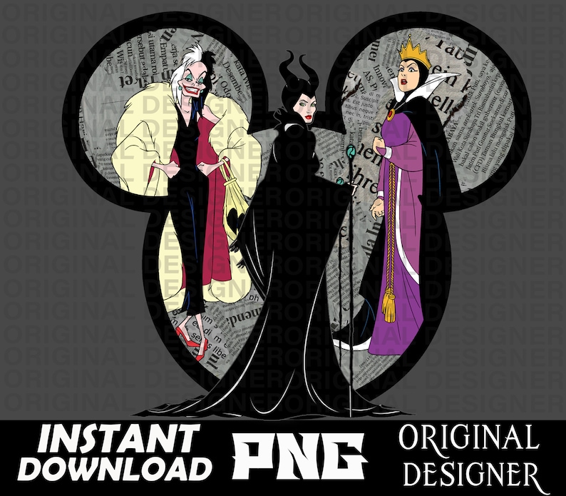 May include: A digital illustration of three Disney villains, Maleficent, the Evil Queen, and Cruella de Vil, in a Mickey Mouse silhouette. The background is a newspaper print.