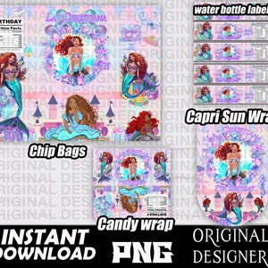 Sirenita, Sirenita negra png, Fiesta de cumpleaños de la sirena negra, Cumpleaños de la princesa negra, Bolsas de patatas fritas, Etiquetas de botellas de agua, Envolturas de caramelos