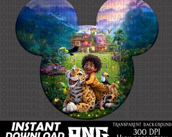 May include: A digital illustration of a jungle scene with a young person and a jaguar. The jaguar is brown and black with spots. The young person is wearing a brown shirt and pants. The background is a lush green jungle with a blue sky and white clouds.