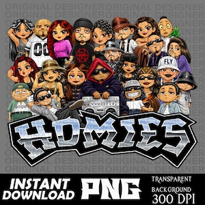 Puede incluir: Un gráfico digital que presenta un grupo de personajes de dibujos animados con diversas expresiones y vestimentas. La palabra "HOMIES" se muestra de forma destacada en una fuente estilizada. La imagen también incluye el texto "DESCARGA INSTANTÁNEA" y "PNG".