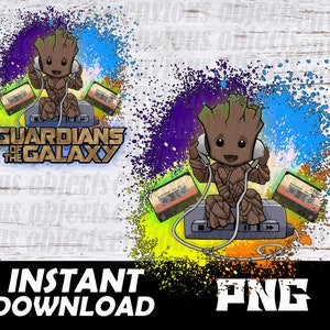 May include: A digital illustration of a green character from the Guardians of the Galaxy movie, Groot, wearing headphones and sitting on a cassette player. The background is a colorful splatter of blue, purple, and yellow.