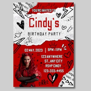 red descendant custom birthday invitation, descendant red party custom, rebel at heart birthday invitation, personalized descendant birthday