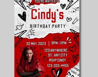 Invitación de cumpleaños personalizada de descendiente rojo, fiesta personalizada de descendiente rojo, invitación de cumpleaños de corazón rebelde, cumpleaños personalizado de descendiente
