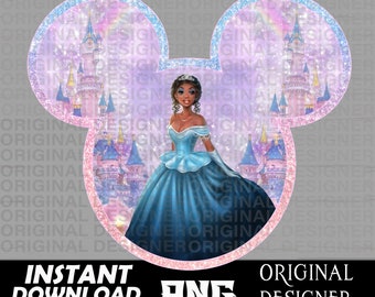 May include: A digital illustration of a princess in a blue gown standing in front of a pink and blue castle. The princess has brown skin and dark brown hair. The image is in the shape of Mickey Mouse's head.