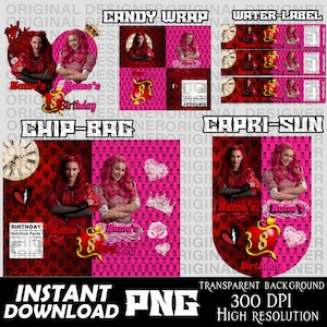 descendants joint birthday party favor bundle png, descendants red Birthday party, descendants shared birthday, Chip bag, water label, candy