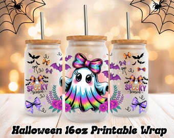 16oz Halloween png, Iridescent Ghost PNG, Coquette Iridescent Halloween bow png, Halloween 16oz sublimation, Libbey Glass png, Spooky Season