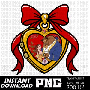 May include: A heart-shaped pendant featuring Belle and the Beast from Beauty and the Beast, with a red bow and gold accents. The pendant has a gold frame and a red interior with roses. The image includes the text "INSTANT DOWNLOAD PNG" and "TRANSPARENT BACKGROUND 300 DPI".