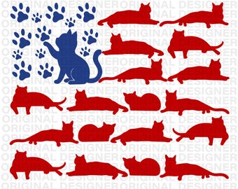 Puede incluir: Un diseño gráfico digital que presenta una silueta de gato azul rodeada de huellas de patas azules a la izquierda, con filas de siluetas de gatos rojos dispuestas en un patrón de bandera. La imagen incluye el texto ORIGINAL DESIGNER y PNG INSTANT DOWNLOAD 300DPI.