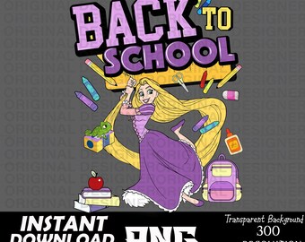 May include: A digital illustration of Rapunzel from Disney's Tangled, with long blonde hair, wearing a purple dress and holding a book. The text "BACK TO SCHOOL" is in the background with a yellow ruler and school supplies.