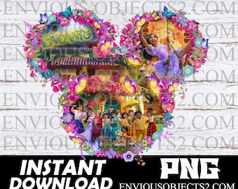 May include: A digital illustration of the characters from the Disney movie Encanto. The characters are surrounded by flowers and butterflies. The text "Encanto" is visible in the image.