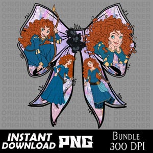 May include: A digital PNG file featuring a bow shape with illustrations of a character with red curly hair in a blue dress. The bow has a light purple and pink background. The words "INSTANT DOWNLOAD PNG" and "BUNDLE 300 DPI" are at the bottom.