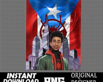 May include: A digital illustration of Miles Morales, the Spider-Man from the animated movie Spider-Man: Into the Spider-Verse, standing in front of a cityscape with the Puerto Rican flag in the background. Miles is wearing his signature red and black suit with a green jacket. The flag is red, white, and blue with a star in the blue section.
