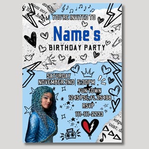 Chloe Nachkommen benutzerdefinierte Geburtstagseinladung, Nachkomme rote Party Brauch, Rebel bei Herz Geburtstag, Chloe personalisierte Nachkomme Geburtstag