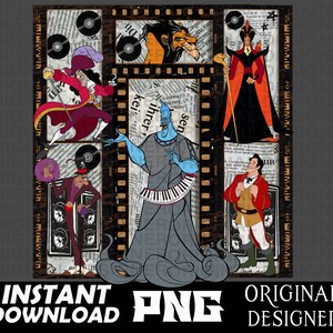 May include: A digital collage featuring various Disney villains in a film strip design. The villains include Captain Hook, Jafar, Hades, and Gaston. The collage is set against a background of newspaper clippings and film reels.
