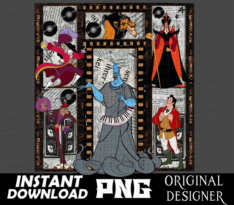 May include: A digital collage featuring various Disney villains in a film strip design. The villains include Captain Hook, Jafar, Hades, and Gaston. The collage is set against a background of newspaper clippings and film reels.