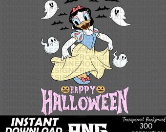 May include: A digital illustration of a cartoon duck dressed as Snow White with a pink and white "Happy Halloween" banner. The duck is wearing a blue and white dress with a yellow skirt and a red bow in her hair. There are ghosts and bats in the background.