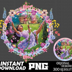 May include: A digital illustration of a young woman with long dark hair swinging on a vine in a lush garden. The scene is framed by a circle of colourful flowers and butterflies. The background features a pink and blue sky with a rainbow.
